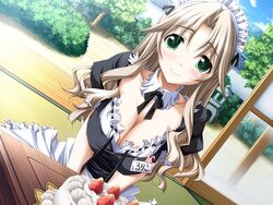  ashita_no_kimi_to_au_tame_ni blush breasts brown_hair cake cleavage female food game_cg green_eyes jpeg_artifacts kurashima_tomoyasu large_breasts maid maid_headdress pastry solo yuugiri_ruriko 