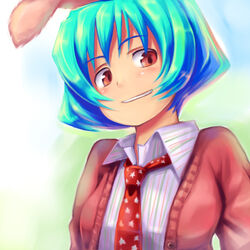  animal_ears bad_id bad_pixiv_id blue_hair chiester410 chiester_sisters collared_shirt female grin jailbird necktie oerba_yun_fang patterned_clothing rabbit_ears red_eyes ryuukishi07_(style) shirt short_hair smile solo umineko_no_naku_koro_ni 