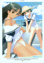  2girls arm_support bikini bikini_under_clothes black_hair blush breasts brown_eyes chain-link_fence cleavage clothes_lift cloud day dress dress_lift fence hat highres legs long_hair long_legs medium_breasts mizushima_asa multiple_girls non-web_source off_shoulder one-piece_tan outdoors photoshop_(medium) pool poolside sailor_dress scan school_uniform serafuku side-tie_bikini_bottom sitting sky smile soaking_feet sora_no_iro_mizu_no_iro sorayama_natsume straw_hat swimsuit tan tanlines tony_taka twintails water white_bikini 