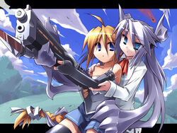  2girls bad_id bad_pixiv_id bare_shoulders borrowed_character braid elbow_gloves fingerless_gloves girl_with_a_blonde_braid_(tomoshibi_hidekazu) gloves gun long_hair meteor mof&#039;s_silver_haired_twintailed_girl multiple_girls original prehensile_hair tomoshibi_hidekazu very_long_hair weapon 