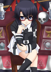  asura_cryin&#039; bad_id bad_pixiv_id blue_eyes candle crossed_legs female glasses kurosaki_shuri natsuzakura_yuuki school_uniform short_hair sitting skull solo 