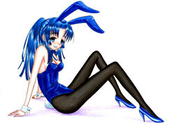  animal_ears asakura_ryouko bad_id bad_pixiv_id blue_eyes blue_hair female hidaka_medaka highres long_hair official_alternate_costume pantyhose playboy_bunny ponytail rabbit_ears solo suzumiya_haruhi_no_yuuutsu traditional_media 