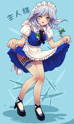  apron blue_eyes braid clothes_lift commentary_request dress dress_lift female grey_hair hair_ornament hair_ribbon hairband high_heels izayoi_sakuya knife laughing legs long_hair maid one_eye_closed photoshop_(medium) ribbon shoes smile solo standing thigh_strap touhou twin_braids weapon_in_garters yu_li 