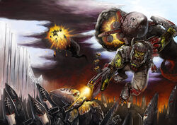  armor battle boots chainsword cleaver commentary_request eldar explosion flying gun helmet highres jetpack no_humans orc ork_(warhammer) photoshop_(medium) red_eyes scar shoota smoke tianzhong_zhongtian waaagh! warhammer_40k weapon 