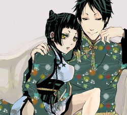  1boy black_hair braid china_dress chinese_clothes commentary_request dress female holding kuroshitsuji lau miyukiko photoshop_(medium) ranmao yellow_eyes 