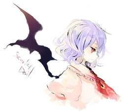  bat_wings blue_hair bow dress female pink_dress puffy_short_sleeves puffy_sleeves red_eyes remilia_scarlet ribbon shiina_aya short_hair short_sleeves simple_background smile solo touhou upper_body white_background wings 