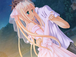  1boy blonde_hair blush dancing dress dutch_angle elbow_gloves female game_cg gloves green_eyes hayama_umi holding_hands hug kono_aozora_ni_yakusoku_wo long_hair nature nekonyan night solo_focus wedding_dress 