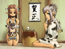  3girls animal_print barefoot brown_eyes commentary_request cow_print elf elvaan feet final_fantasy final_fantasy_xi food grey_eyes mochi mochi_trail multiple_girls new_year photoshop_(medium) pointy_ears prishe purple_hair red_hair tara_baka_ni ulmia wagashi 