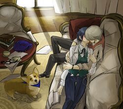  1boy androgynous animal bandana blazer blue_hair blush book bow bowtie cabbie_hat canine chair couch couple cup duplicate female glasses grey_hair hat indoors jacket kazuki_(kazu-king) kissing narukami_yuu pants persona persona_4 reverse_trap sherlock_holmes shirogane_naoto short_hair straight sunlight table teacup the_adventures_of_sherlock_holmes vest waistcoat welsh_corgi 