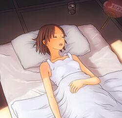  bed_sheet brown_hair commentary_request female flash_tomo flat_chest from_above futon glass hand_fan hands open_mouth original painttool_sai_(medium) pillow short_hair sleeping solo tank_top 