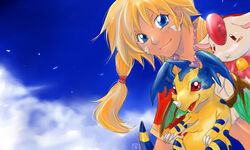  bell blonde_hair blue_eyes chrono_cross commentary_request d-maker draggy_(chrono_cross) female jewelry kid_(chrono_cross) long_hair markings necklace pip_(chrono_cross) smile 