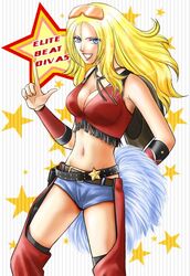  blonde_hair blue_eyes breasts cheerleader cleavage commentary_request cowboy_hat cowboy_western crop_top elite_beat_agents female fringe_trim grey_shorts hat large_breasts long_hair maya_kaoruko midriff navel pom_pom_(cheerleading) shorts solo starr sunglasses 