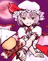  bat_wings commentary_request dokuromaru female food grin hat moon purple_hair red_moon remilia_scarlet short_hair smile solo touhou wings wrist_cuffs 