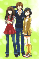  1boy 2girls ^_^ animification arm_behind_head black_hair blush_stickers brown_eyes brown_hair closed_eyes commentary_request crossed_arms denim eyebrows full_body hanaori_kotoha height_difference ikenami_ryuunosuke jeans kneehighs long_hair multiple_girls nugaa pants polka_dot samurai_sentai_shinkenger shiraishi_mako shirt shoes shorts smile sneakers socks standing striped super_sentai turtleneck v_arms 