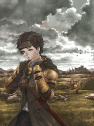  bird castle chocobo cloak cloud commentary_request diolemonde female field final_fantasy final_fantasy_tactics gauntlets gloves grass headband highres meliadoul_tengille outdoors photoshop_(medium) sheath short_hair sky solo sweatdrop sword weapon 