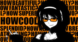  bad_id bad_pixiv_id english_text ex_hien female hairband key monochrome orange_background orange_theme short_hair smirk solo sunglasses suzumiya_haruhi suzumiya_haruhi_no_yuuutsu text_focus wall_of_text 