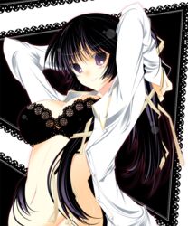  bad_id bad_pixiv_id black_bra bra breasts cleavage female hair_ribbon kurugaya_yuiko large_breasts lingerie little_busters! long_hair navel open_clothes open_shirt ribbon shirt solo souyoku underwear 