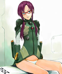  blue_eyes bodysuit commentary_request evangelion:_2.0_you_can_(not)_advance female glasses green_bodysuit highres kiyohisa long_hair makinami_mari_illustrious neon_genesis_evangelion no_pants panties pilot_suit plugsuit purple_hair rebuild_of_evangelion science_fiction sitting solo twintails underwear 