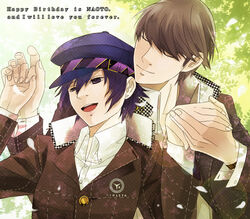  1boy androgynous bad_id bad_pixiv_id birthday blue_eyes blue_hair cabbie_hat closed_eyes couple female grey_hair happy hat holding_hands kazuki_(kazu-king) narukami_yuu persona persona_4 photoshop_(medium) reverse_trap school_uniform shirogane_naoto short_hair smile straight 