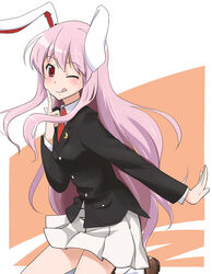  ;q animal_ears blazer chiyomi female jacket light_purple_hair long_hair looking_at_viewer necktie one_eye_closed photoshop_(medium) pleated_skirt purple_hair rabbit_ears red_eyes red_necktie reisen_udongein_inaba skirt smile solo tongue tongue_out touhou 