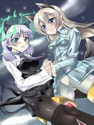  2girls animal_ears ao_(time-leap) bad_id bad_pixiv_id between_legs black_pantyhose blue_eyes blush cat_ears cat_girl couple crotch_seam eila_ilmatar_juutilainen fox_ears fox_girl fox_tail green_eyes grey_hair hirschgeweih_antennas holding_hands interlocked_fingers multiple_girls pantyhose sanya_v._litvyak strike_witches striker_unit tail white_pantyhose world_witches_series yuri 