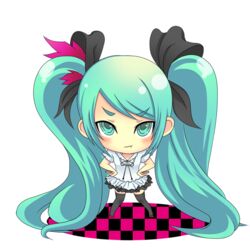  :t aqua_eyes aqua_hair black_thighhighs bow chibi commentary_request d_(pixiv544157) dress female frills full_body gradient_hair hair_ornament hairbow hands_on_own_hips hatsune_miku leaning_forward long_hair miniskirt multicolored_hair pleated_skirt skirt solo standing thighhighs transparent_background twintails very_long_hair vocaloid world_is_mine_(vocaloid) zettai_ryouiki 