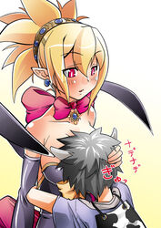  1boy blonde_hair blush bow breast_smother breasts detached_sleeves disgaea earrings face_to_breasts female headpat hug jewelry kaeru_kenshi large_breasts makai_senki_disgaea_2 pointy_ears red_eyes rozalin straight taro_(disgaea) 