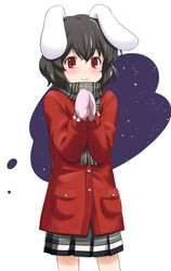  animal_ears black_hair blush chiyomi coat contemporary female inaba_tewi mittens photoshop_(medium) rabbit_ears red_eyes scarf short_hair simple_background smile solo touhou winter_clothes winter_coat 