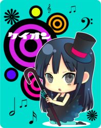  akiyama_mio bare_shoulders black_hair blue_pantyhose blunt_bangs cane chibi commentary_request d_(pixiv544157) don&#039;t_say_&quot;lazy&quot; dress female fingerless_gloves gloves grey_eyes hat hime_cut k-on! kneeling long_hair mini_hat mini_top_hat musical_note pantyhose rounded_corners single_glove solo striped_clothes striped_gloves top_hat 