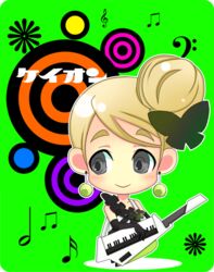  bad_id bad_pixiv_id blonde_hair chibi d_(pixiv544157) don&#039;t_say_&quot;lazy&quot; earrings female grey_eyes hair_bun hair_ornament instrument jewelry k-on! keytar kotobuki_tsumugi musical_note pantyhose rounded_corners short_hair single_hair_bun smile solo thick_eyebrows 