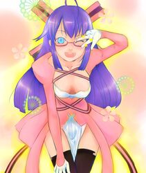  aqua_eyes bad_id bad_pixiv_id bent_over black_thighhighs blue_hair breasts cleavage devil_survivor downblouse dress female glasses gloves hair_ornament highres komaki_midori large_breasts laughing long_hair one_eye_closed purple_hair ribbon smile solo star_(symbol) thighhighs v yummy_yoi 