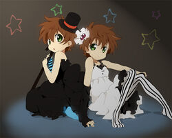  2boys akiyama_mio akiyama_mio_(cosplay) bad_id bad_pixiv_id blue_pantyhose cane code_geass cosplay crossdressing don&#039;t_say_&quot;lazy&quot; dual_persona feet hat hirasawa_yui hirasawa_yui_(cosplay) k-on! kururugi_suzaku male_focus maruki_(punchiki) mini_hat mini_top_hat multiple_boys pantyhose striped_clothes striped_pantyhose top_hat vertical-striped_clothes vertical-striped_pantyhose 