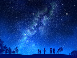  2boys 4girls altair_(star) aquila_(constellation) bamboo commentary_request constellation highres holding_bamboo_shoot lyra_(constellation) milky_way multiple_boys multiple_girls night night_sky original outdoors pointing pointing_up scenery shinobu_(tyno) silhouette sky standing star_(sky) star_(symbol) stargazing starry_sky summer tanabata tree vega_(star) 