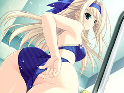  adjusting_clothes adjusting_swimsuit ass bikini blonde_hair blue_bikini blue_eyes bow female from_below hairband hairbow imageboard_desourced kanou_seia long_hair looking_back non-web_source photoshop_(medium) solo stellar_theater suzuhira_hiro swimsuit 