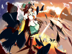  absurdres animal animal_on_arm arm_cannon bad_id bad_pixiv_id bird bird_on_arm black_socks black_wings bow breasts cape crow female flock green_bow hairbow highres intel oerba_yun_fang open_mouth red_eyes reiuji_utsuho sanpee skirt socks solo third_eye touhou weapon wings 