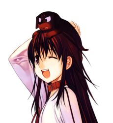  ;d animal animal_on_head brown_eyes brown_hair canine collar dachshund dog_on_head female happy kuro_(kurokami) kurokami long_hair on_head one_eye_closed open_mouth park_sung_woo portrait punipuni_(dog) scan smile transparent_background 