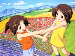  2girls blue_skirt blue_sky chiba_yuriko cloud day dress facing_another field figure_17 flower flower_field grass hands holding_hands lolicon mountain multiple_girls nature open_mouth outdoors petals purple_flower red_flower shiina_hikaru shiina_tsubasa siblings skirt sky summer tree twins yellow_dress 