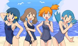  4girls :d ;d alternate_costume aqua_eyes arm_behind_head arm_up armpits ass_visible_through_thighs bad_id bad_pixiv_id beach bird blue_eyes blue_hair blue_one-piece_swimsuit blue_sky blush breasts brown_hair cloud competition_school_swimsuit covered_navel cowboy_shot dawn_(pokemon) day flipped_hair green_eyes hair_between_eyes hair_ornament hair_tie hairclip half_updo hand_on_own_hip hand_up holding_own_arm horizon kasumi_(pokemon) kuro_hopper leaning_forward lineup long_hair marina_(pokemon) may_(pokemon) medium_breasts medium_hair multiple_girls ocean oekaki old_school_swimsuit one-piece_swimsuit one_eye_closed open_mouth orange_hair outdoors parted_bangs pokemon pokemon_(anime) pokemon_(classic_anime) pose school_swimsuit seagull short_hair short_hair_with_long_locks side-by-side side_ponytail sidelocks sky small_breasts smile standing swimsuit twintails v w water wide_hips 