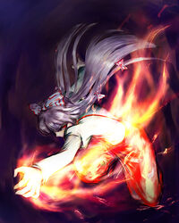  bow commentary_request female fire fujiwara_no_mokou hairbow kath long_hair photoshop_(medium) red_eyes solo touhou 