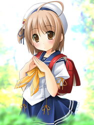  ahoge backpack bag blush brown_eyes brown_hair female hat nekomiya_nono randoseru school_uniform serafuku shibacha short_hair solo steepled_fingers yotsunoha 