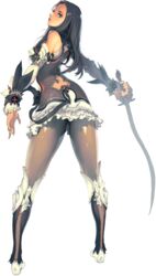  belt black_hair blue_eyes boots breasts elbow_gloves female frills full_body gloves highres kim_hyung_tae large_breasts long_hair looking_back magna_carta magna_carta_2 medium_breasts melissa_tiss pantyhose solo standing sword transparent_background weapon 