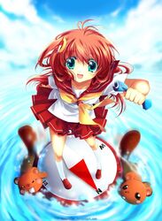  animal anime_north aqua_eyes beaver compass day female from_above hair_ornament hoppouno_momiji kaze-hime laughing long_hair looking_down map miniskirt open_mouth pleated_skirt red_hair school_uniform serafuku shoes skirt sky smile socks solo uniform water 