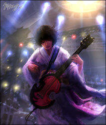  bad_link black_hair concert female guitar instrument japanese_clothes kimono mole mole_above_mouth photoshop_(medium) real_life real_life_insert shiina_ringo short_hair solo studio_yang 