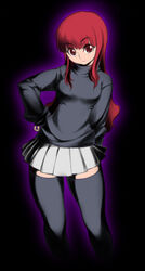  copyright_request female long_hair miniskirt pleated_skirt red_eyes red_hair seki_suzume simple_background skirt smile solo standing sweater thighhighs turtleneck zettai_ryouiki 