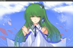  bad_id bad_pixiv_id character_name cloud crossed_arms day detached_sleeves female frog_hair_ornament green_eyes green_hair hair_ornament hair_tubes hand_on_own_shoulder kochiya_sanae letterboxed long_hair petals sky smile solo sound_tamashi touhou wide_sleeves 