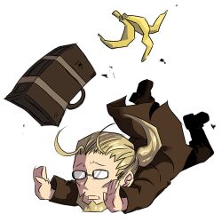  1boy antenna_hair bad_id bad_pixiv_id banana_peel beard blonde_hair brown_coat chibi coat da_huang facial_hair fullmetal_alchemist glasses lowres male_focus opaque_glasses open_mouth photoshop_(medium) ponytail simple_background solo suitcase tripping van_hohenheim white_background 