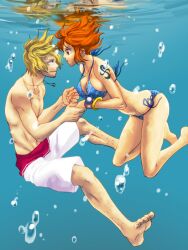  1boy air_bubble bad_id bad_pixiv_id bangle barefoot bikini blonde_hair bracelet breasts bubble curly_eyebrows facial_hair feet female freediving goatee holding_breath holding_hands jewelry kuri_(pienu) large_breasts leg_hair legs log_pose long_hair male_swimwear nami_(one_piece) necklace official_alternate_costume one_piece puffy_cheeks red_hair reflection sanji_(one_piece) short_hair side-tie_bikini_bottom sideboob strap_gap swim_trunks swimming swimsuit tattoo underwater water 