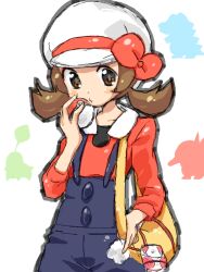  bag blush bow brown_hair cabbie_hat chikorita cyndaquil female hat holding holding_poke_ball looking_at_viewer low_twintails lyra_(pokemon) overalls poke_ball poke_ball_(basic) pokemon pokemon_(creature) pokemon_hgss ri_n_go. simple_background starter_pokemon_trio tegaki totodile twintails white_background 