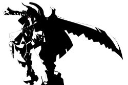  black_gold_saw black_rock_shooter commentary_request female greyscale huge_weapon king_saw monochrome naginami profile simple_background solo sword weapon white_background 