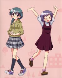  2girls \o/ ^_^ absurdres arms_up blush braid casual chika_(hidamari_sketch) closed_eyes dress fashion green_eyes green_hair hidamari_sketch highres hood hoodie itou_yoshiaki loafers multiple_girls natsume_(hidamari_sketch) official_art open_mouth outstretched_arms pink_background purple_hair scan shoes short_hair skirt sleeves_pushed_up sneakers socks sweater 